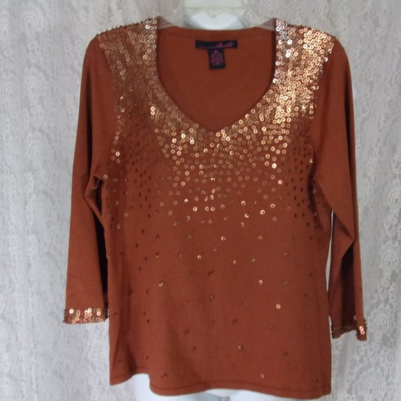 Willi Smith Rusty Brown Sequin Bling  Knit Top Blouse Sweater Size XL  NWOT - Picture 1 of 4